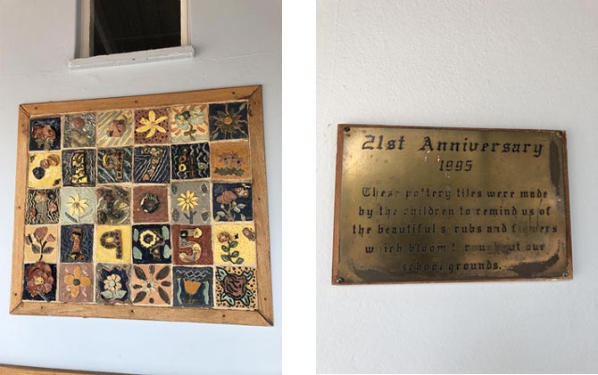 Two pictures side by side, one of a plaque that says 1995 and another of a compilation of art work.