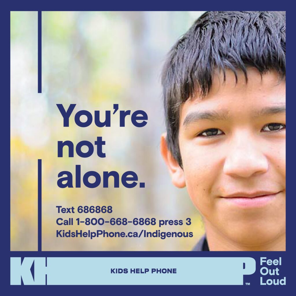 Kids Help Phone social card with contact info titled "You're not alone" with image of a young person smiling.