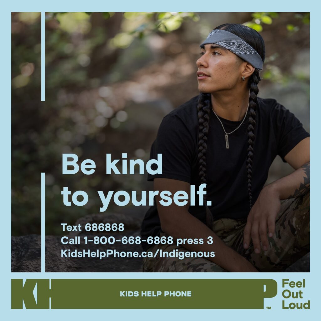 Kids Help Phone social card with contact info titled "Be kind to yourself" with image of a young person looking off to the side.