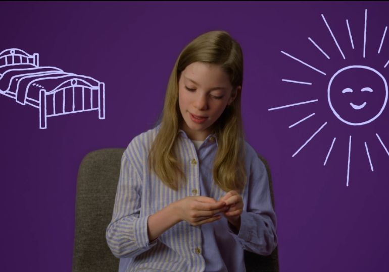 A young person against a purple background with a sketch of a bed and a sun, thinking about coping with sleep troubles