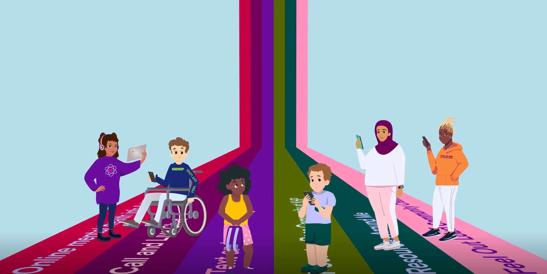 An animation of a group of young people standing on colourful strips that represent KHP’s programs and services