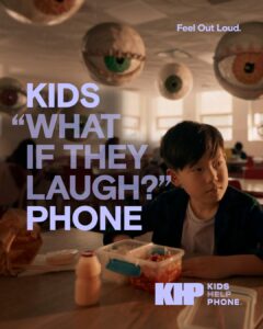 Social media post image for Kids Help Phone's social campaign with the text KIDS WHAT IF THEY LAUGH? PHONE