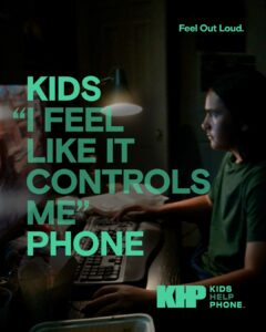 Social media post image for Kids Help Phone's social campaign with the text KIDS I FEEL LIKE IT CONTROLS ME PHONE