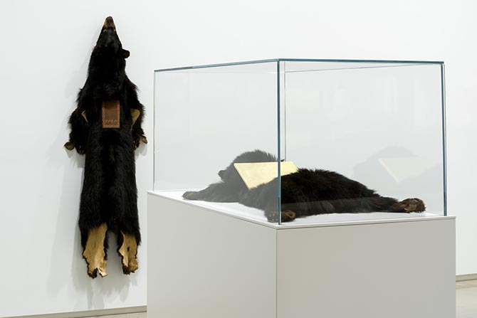 Photograph of artwork featuring beads on cloth and bear fur in a room