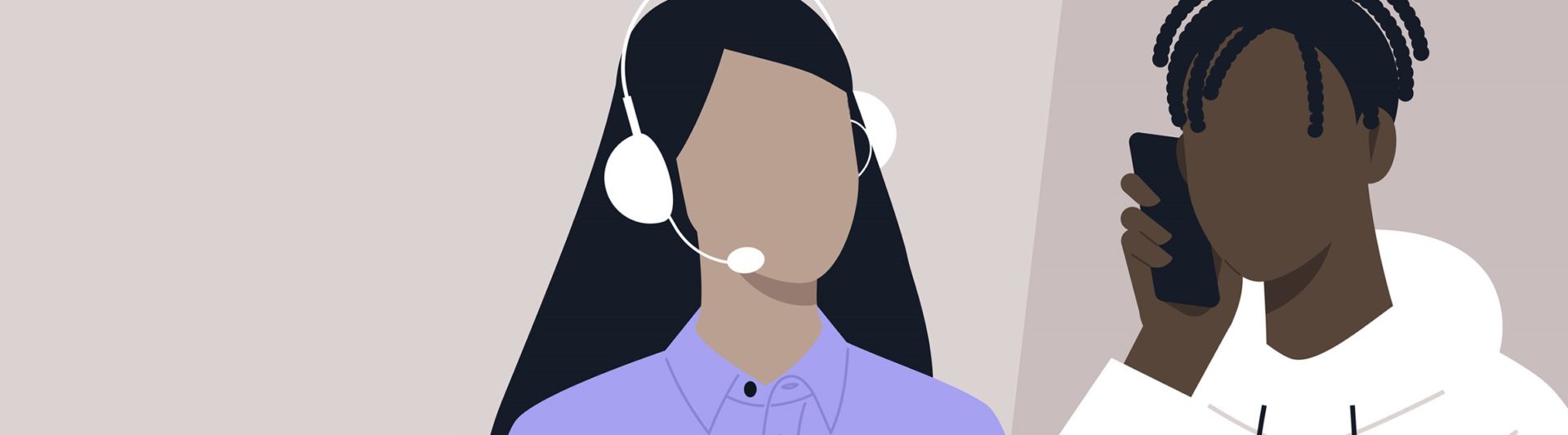 Illustration of one of Kids Help Phone’s professional counsellors talking on a headset and a young person talking on a phone