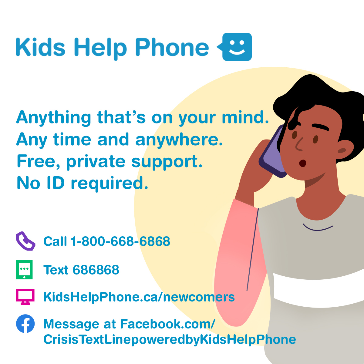 Kids Help Phone contact info and support for newcomers