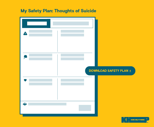 Safety plan for thoughts of suicide handout with download button on top of yellow background