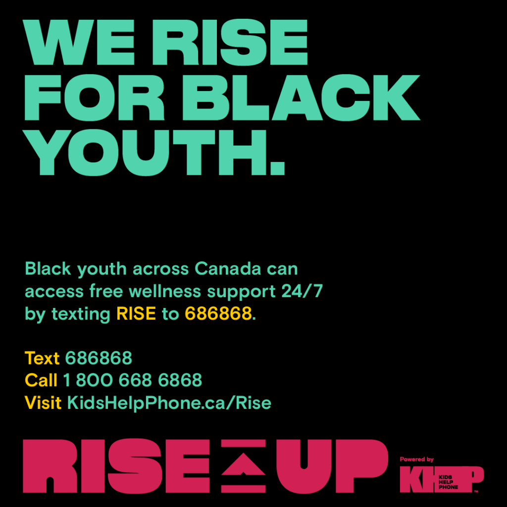 Kids Help Phone social card with contact info titled "We Rise for Black Youth"