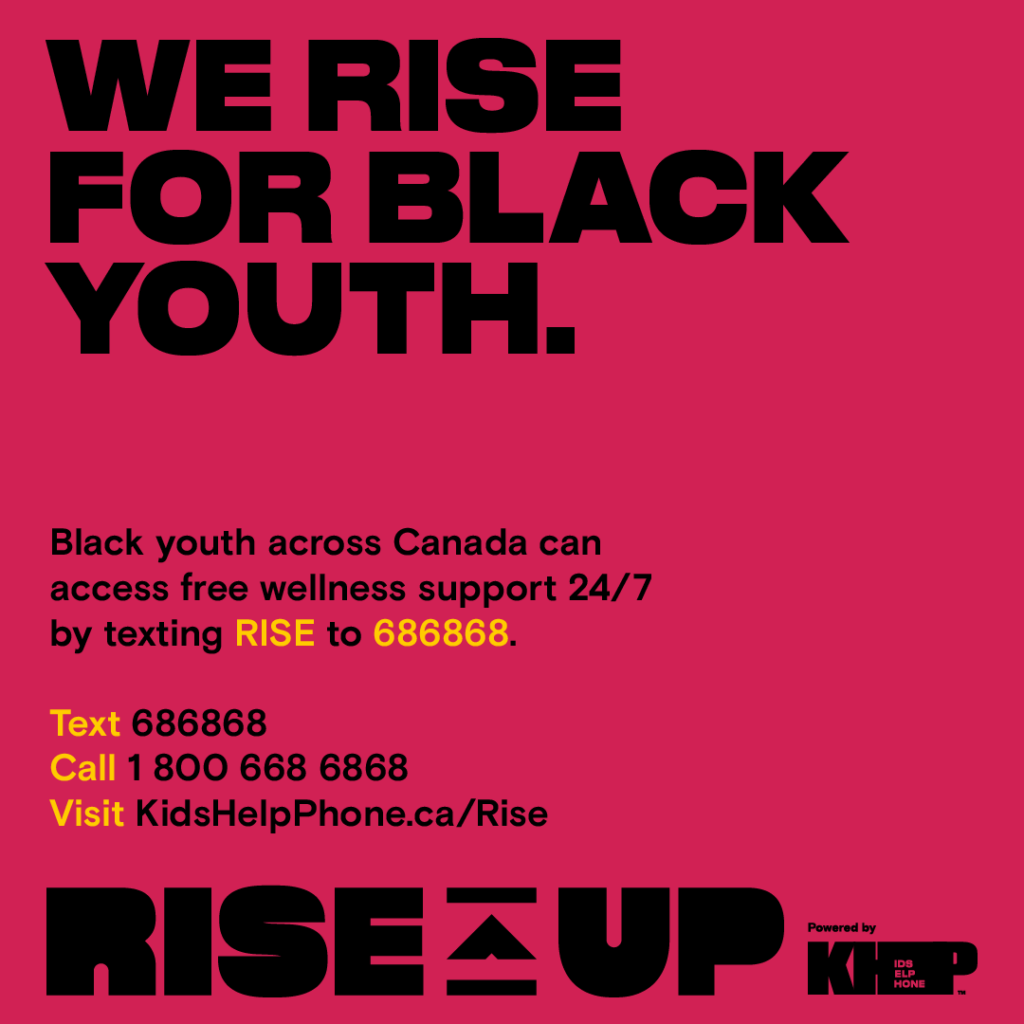 Kids Help Phone social card with contact info titled "We Rise for Black Youth"