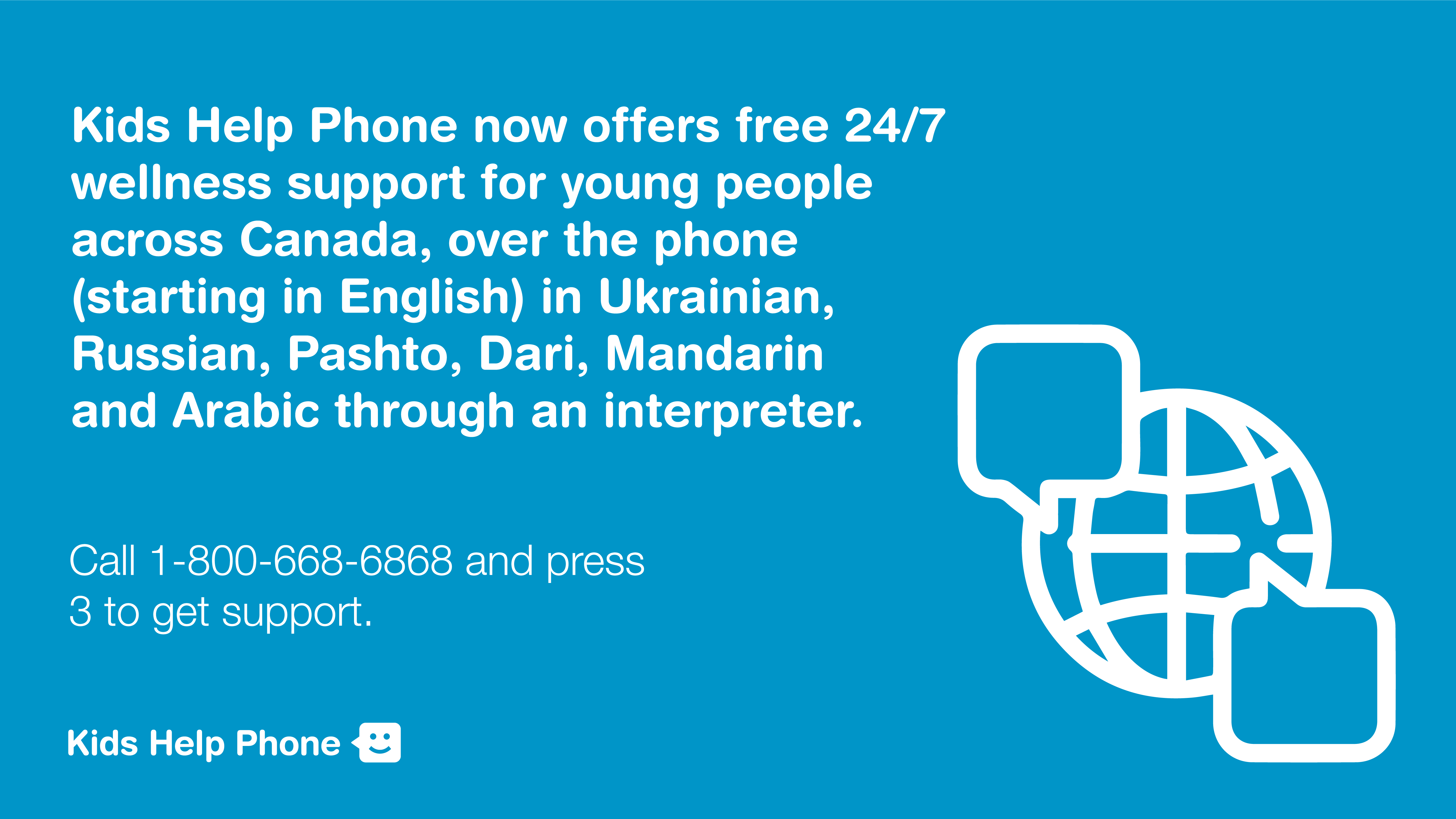 Illustration with information about Kids Help Phone’s wellness support in multiple languages