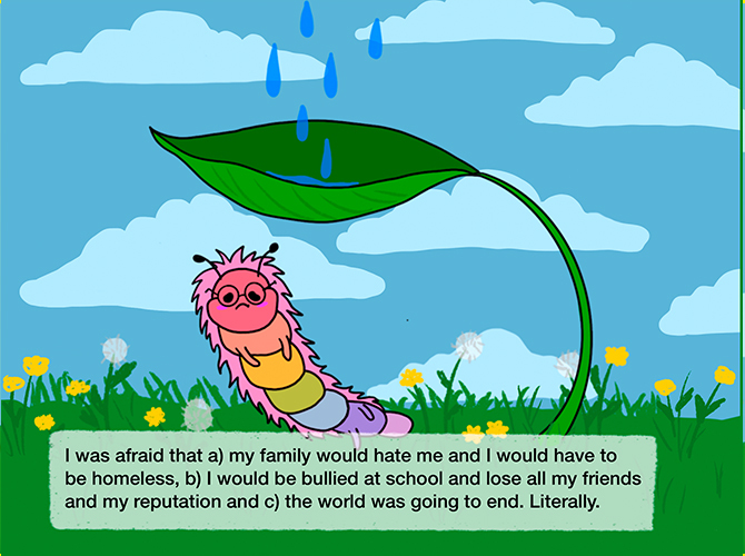 Illustration of a caterpillar under a leaf in the rain