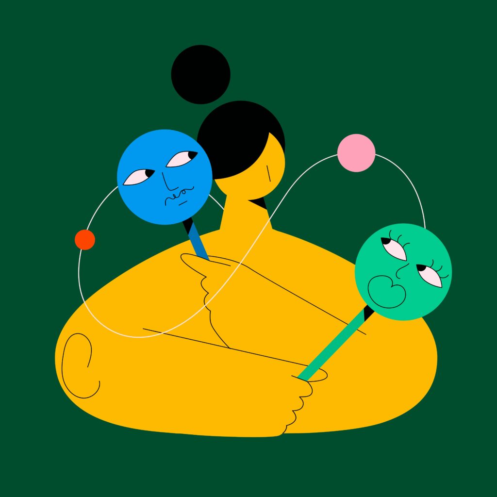 Illustration of a person holding two masks as they navigate what 2SLGBTQI+ means to them