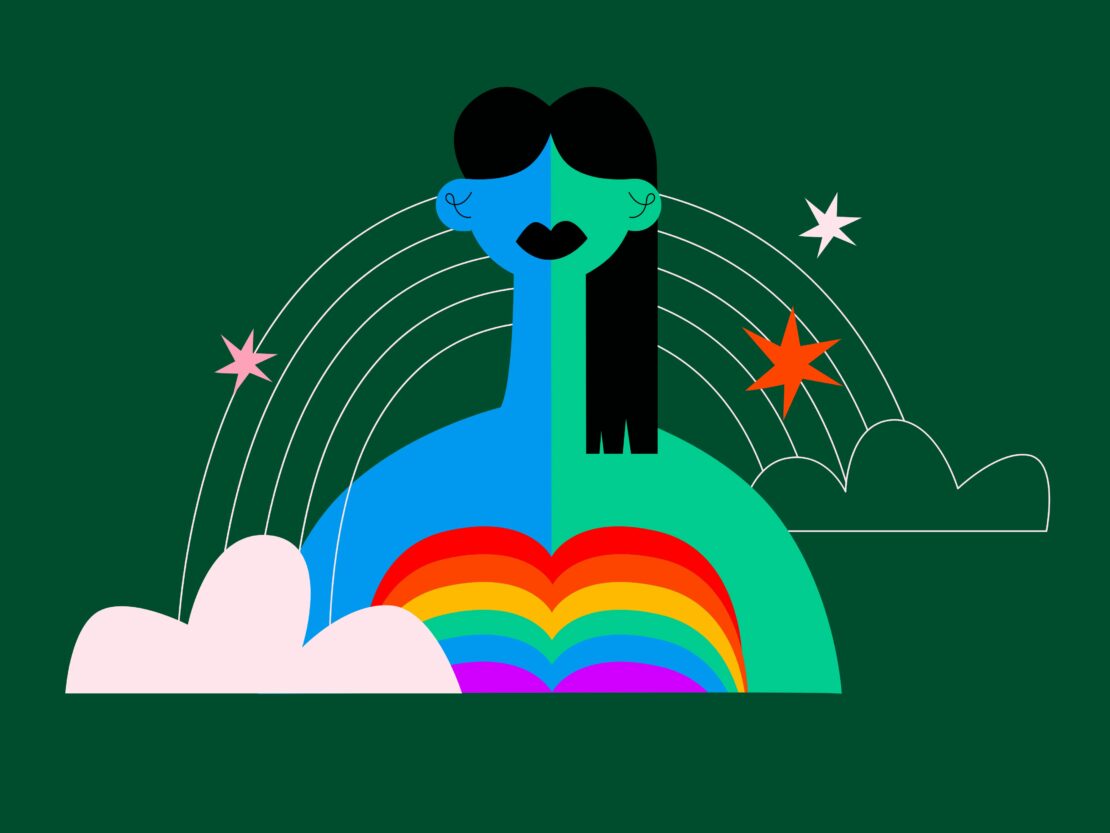 Illustration of a person with both feminine and masculine traits as well as 2SLGBTQI+ pride flag colours on their chest
