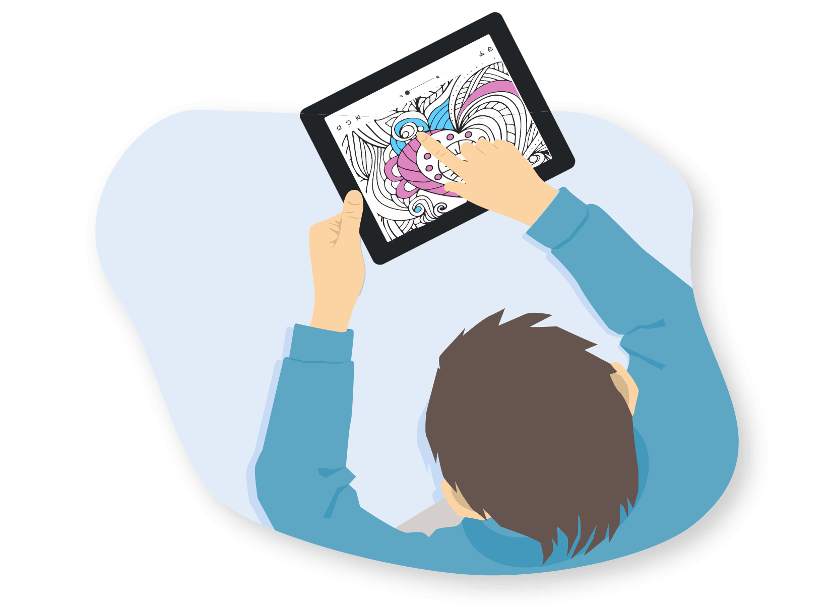 Illustration of a young person colouring on a tablet