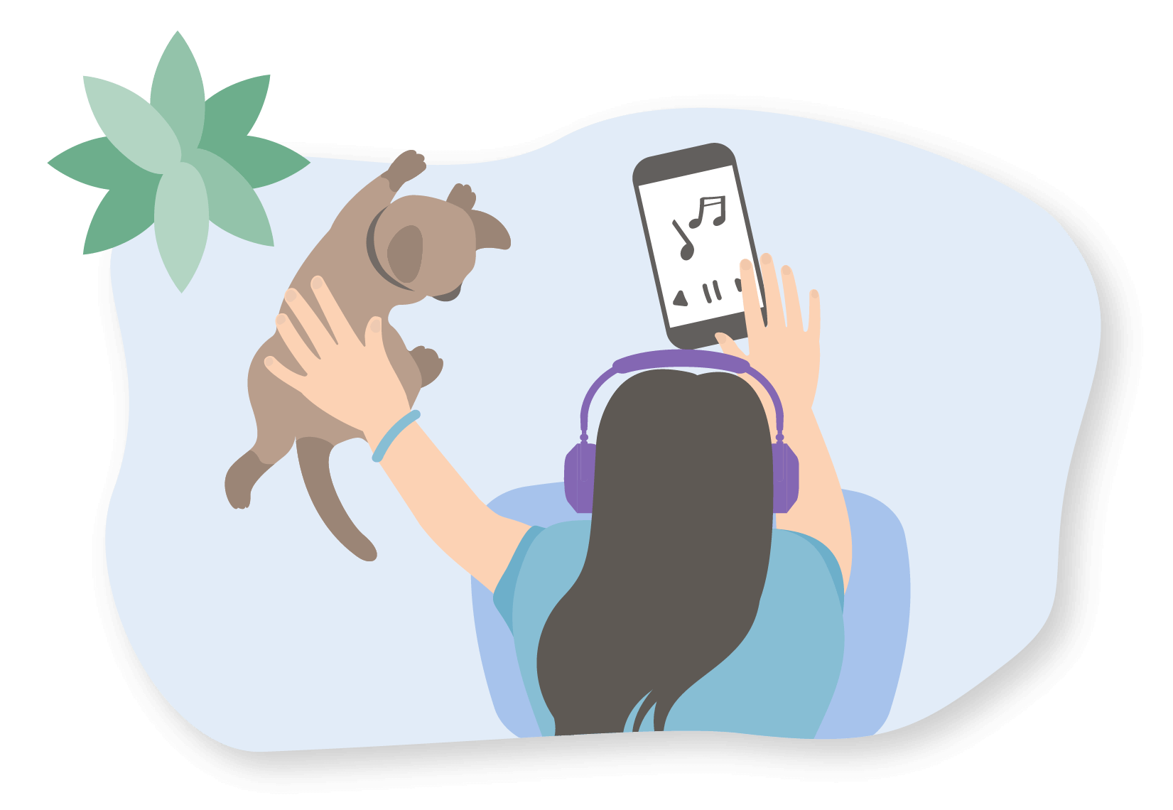 Illustration of a young person listening to music and petting a cat