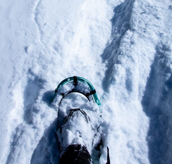 Close up of snow shoe stepping in snow