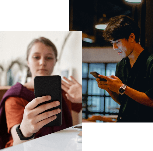 A youth is waving their hand while on a video call on their phone. [LEFT] | A youth typing on their phone and smiling. [Right]